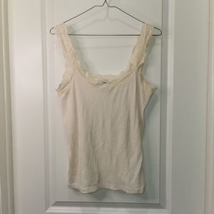 Lace Trim Ribbed Tank Top - Cream